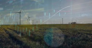 Rüzgar türbinleri üzerinde finansal veri işleme animasyonu. Küresel çevre, finans, iş, bağlantılar, hesaplama ve veri işleme kavramı dijital olarak oluşturulmuş video.