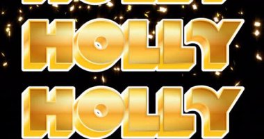 Holly Holly Holly Metin 'in animasyonu siyah arka plandaki parlayan ışıkların üzerinde. Noel, şenlik, kutlama ve gelenek konsepti dijital olarak oluşturuldu.