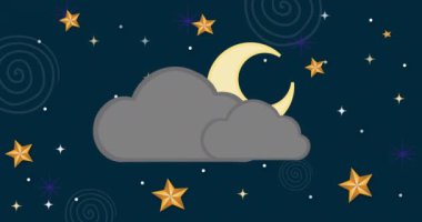 Mavi arka planda bulutlu yıldızların ve hilal ayın animasyonu. Noel, şenlik, kutlama ve gelenek konsepti dijital olarak oluşturuldu.