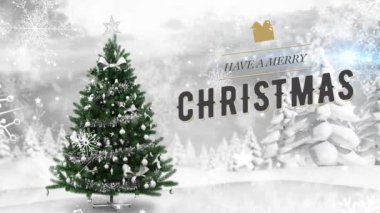 Kış manzarasında Noel ağacının üzerine düşen mutlu bir yazı ve kar animasyonu. Noel, şenlik, kutlama ve gelenek konsepti dijital olarak oluşturuldu.