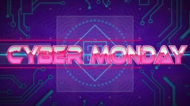 Neon desen ve devre kartı üzerine siber pazartesi metni animasyonu. Küresel siber alışveriş, dijital arayüz, iletişim, bilgisayar ve veri işleme kavramı dijital olarak oluşturulmuş video.