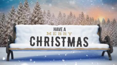 Kış manzarasında bankın üzerine düşen mutlu bir Noel mesajı ve kar animasyonu. Noel, şenlik, kutlama ve gelenek konsepti dijital olarak oluşturuldu.