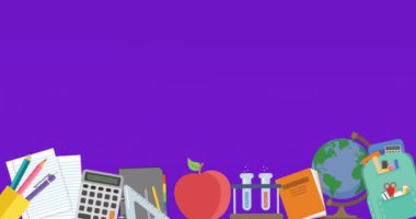 Çoklu okul konsepti simgelerinin fotokopi alanı ile mor arkaplan karşısındaki animasyonu. Okul ve eğitim kavramı