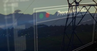 Kırsal kesimdeki elektrik direkleri üzerinde finansal veri işleme animasyonu. Küresel elektrik, finans, iş, bağlantılar, hesaplama ve veri işleme kavramı dijital olarak oluşturulmuş video.