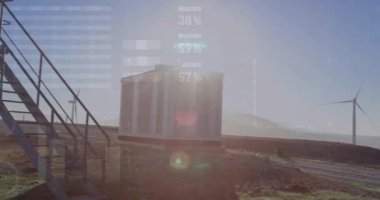 Rüzgar türbini üzerinde finansal veri işleme animasyonu. Küresel çevre, finans, iş, bağlantılar, hesaplama ve veri işleme kavramı dijital olarak oluşturulmuş video.