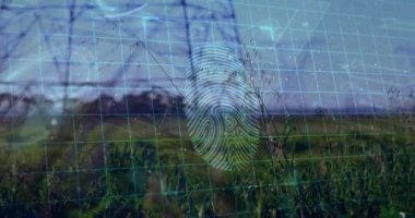 Kırsal kesimdeki elektrik direkleri üzerinde finansal veri işleme animasyonu. Küresel elektrik, finans, iş, bağlantılar, hesaplama ve veri işleme kavramı dijital olarak oluşturulmuş video.