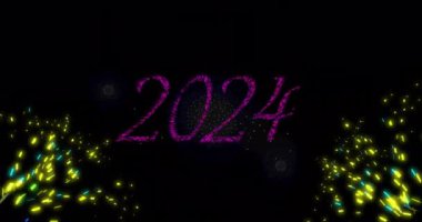 Siyah arka planda patlayan havai fişek üzerine 2024 metin animasyonu. Yeni yıl arifesi, parti, şenlik, kutlama ve geleneksel konsept dijital olarak oluşturulmuş video.