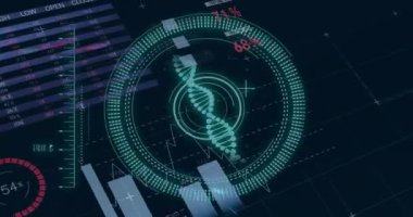 DNA iplikçiklerinin animasyonu, dünya haritasında veri işleme. Küresel finans, iş, bağlantılar, hesaplama ve veri işleme kavramı dijital olarak oluşturulmuş video.