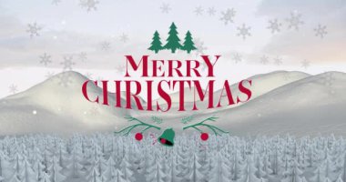 Kış manzarasına düşen mutlu noel mesajları ve karın animasyonu. Noel, şenlik, kutlama ve gelenek konsepti dijital olarak oluşturuldu.