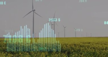 Rüzgar türbinleri üzerinde finansal veri işleme animasyonu. Küresel çevre, finans, iş, bağlantılar, hesaplama ve veri işleme kavramı dijital olarak oluşturulmuş video.