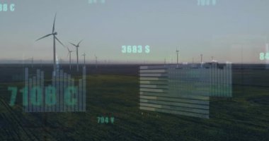 Rüzgar türbinleri üzerinde finansal veri işleme animasyonu. Küresel çevre, finans, iş, bağlantılar, hesaplama ve veri işleme kavramı dijital olarak oluşturulmuş video.