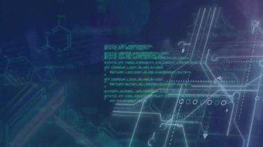 Kimyasal yapıların animasyonu, mikro işlemci bağlantıları, neon tünele karşı veri işleme. Bilim teknolojisi konseptini araştır