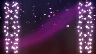Mor arkaplandaki yıldız peri ışıklarının üzerine düşen konfeti animasyonu. Noel, şenlik, kutlama ve gelenek konsepti dijital olarak oluşturuldu.