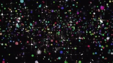 Siyah arka planda parlayan ışıkların üzerine yağan kar animasyonu. Noel, şenlik, kutlama ve gelenek konsepti dijital olarak oluşturuldu.