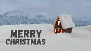 Kış manzarasında evin üzerine düşen mutlu noel mesajları ve karların animasyonu. Noel, şenlik, kutlama ve gelenek konsepti dijital olarak oluşturuldu.