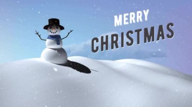 Kış manzarasında kardan adamın üzerine düşen mutlu noel mesajları ve kardan adam animasyonu. Noel, şenlik, kutlama ve gelenek konsepti dijital olarak oluşturuldu.