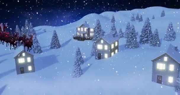 Animacja Śniegu Spadającego Nad Świątecznym Mikołajem Saniach Reniferami Zimowej Scenerii — Wideo stockowe