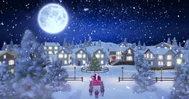 Animazione Neve Che Cade Sopra Natale Babbo Natale Slitta Con — Video Stock