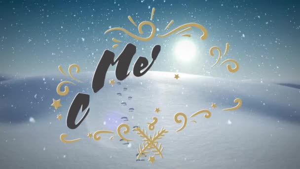 Animation God Jul Text Och Snö Faller Över Vintern Landskap — Stockvideo