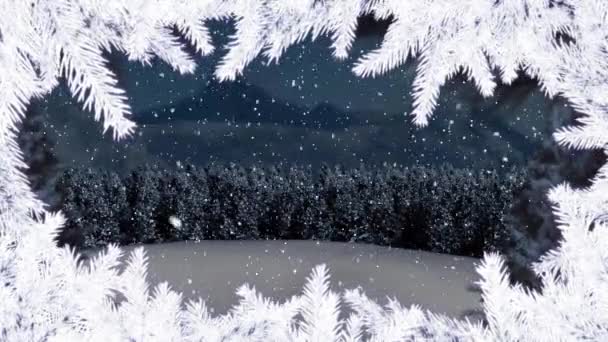 Animacja Opadów Śniegu Gałęzi Drzew Nad Zimową Scenerią Boże Narodzenie — Wideo stockowe