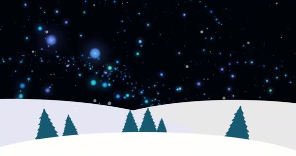 Animation Glowing Blue Spots Light Snow Falling Winter Landscape Christmas Royalty Free Stock Video