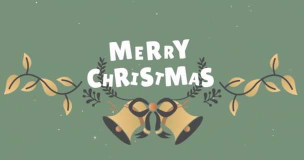 Animation God Jul Text Och Snö Faller Över Grön Bakgrund — Stockvideo