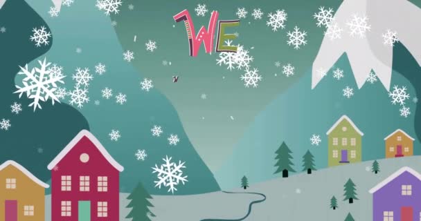 Animazione Auguriamo Buon Testo Natale Neve Che Cade Sul Paesaggio — Video Stock
