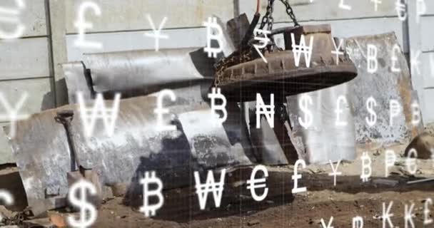 Animace Rozhraní Více Měnovými Symboly Proti Magnetickým Jeřábům Provozu Vrakovišti — Stock video