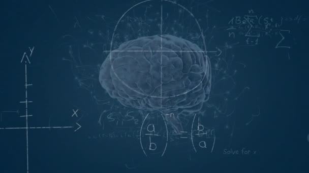 Анимация Обработки Математических Данных Над Человеческим Мозгом Глобальная Наука Связи — стоковое видео