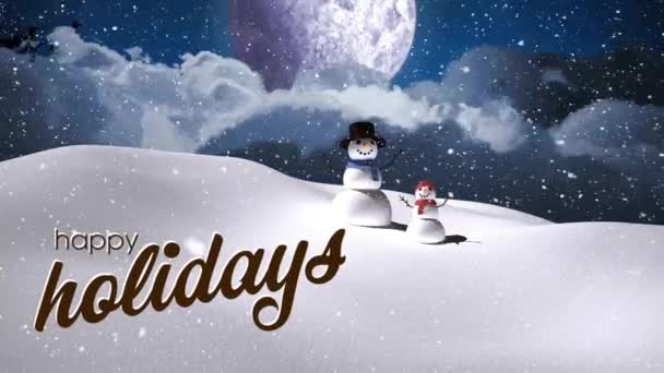 冬の風景に雪が降るハッピーな休日のテキストと雪のアニメーション クリスマス お祭り お祝い 伝統的なコンセプトデジタル生成ビデオ — ストック動画