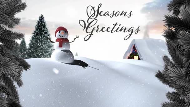 Mevsimlerin Animasyonu Kış Manzarasında Kardan Adamın Üzerine Yağan Mesaj Kar — Stok video