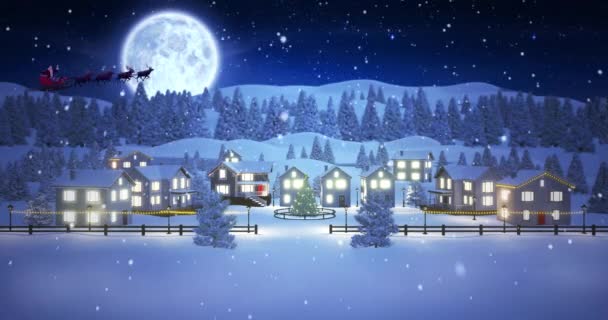 Анімація Снігу Падає Над Різдвяним Санта Клаусом Санчатах Оленями Зимових — стокове відео