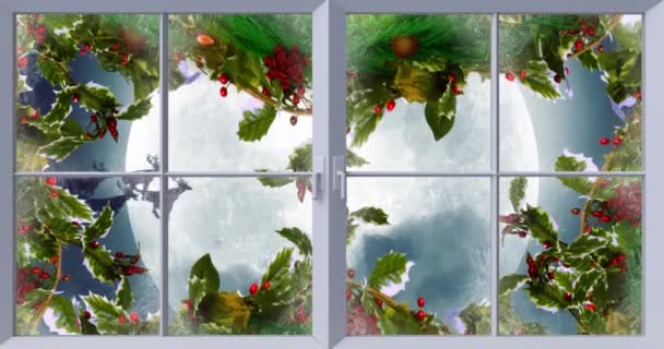 ภาพเคล อนไหวของซานตาคลอสในเล อนท งโดยกวางเรนเด และดวงจ นทร ในท องฟ าตอนกลางค นจากหน — วีดีโอสต็อก