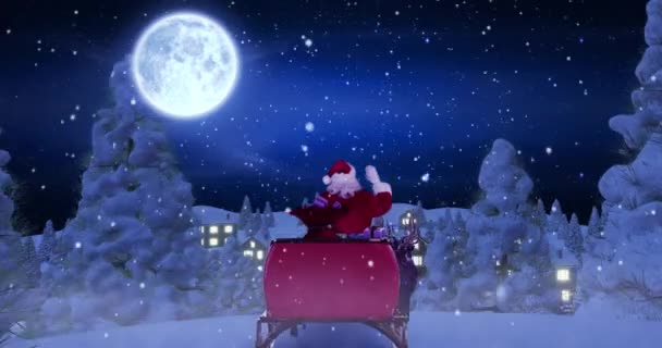 Kış Manzarasında Ren Geyiğiyle Noel Baba Nın Üzerine Düşen Kar — Stok video
