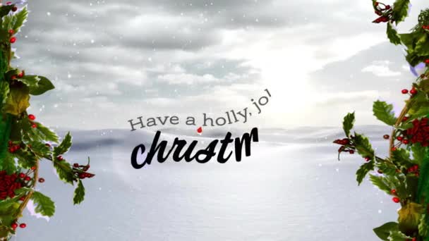 Animace Mít Cesmínu Veselý Vánoční Text Sníh Padající Přes Zimní — Stock video
