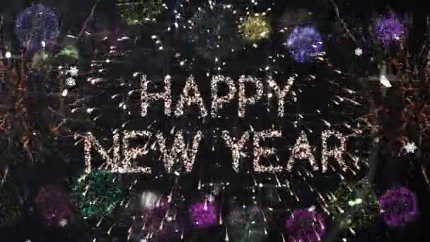 Animatie Van Vrolijke Nieuwjaarstekst Vuurwerk Dat Explodeert Zwarte Achtergrond Oudejaarsavond — Stockvideo