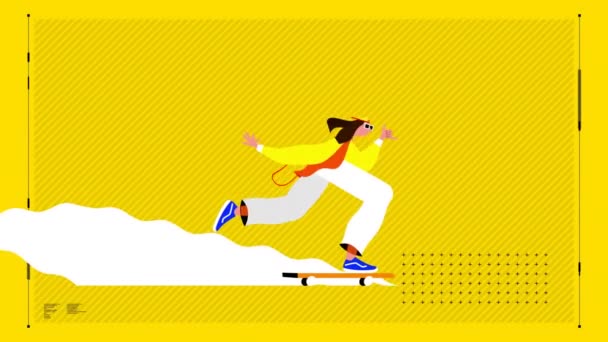 Animace Člověka Skateboardu Přes Žluté Pozadí Sport Životní Styl Koncepce — Stock video