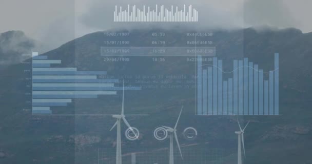 Animação Processamento Dados Financeiros Sobre Turbinas Eólicas Ambiente Global Finanças — Vídeo de Stock