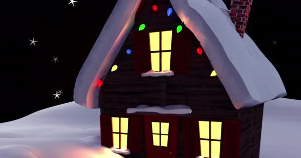 Анімація Зірок Плавають Над Будинком Зимовому Пейзажі Чорному Тлі Різдвяні — стокове відео