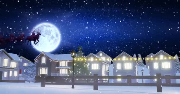 Анімація Снігу Падає Над Різдвяним Санта Клаусом Санчатах Оленями Зимових — стокове відео