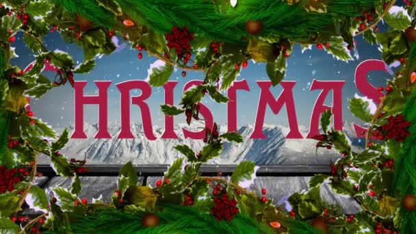 Animación Texto Navideño Nieve Cayendo Sobre Paisaje Invernal Navidad Festividad — Vídeos de Stock