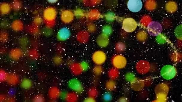 Анимация Падающего Снега Рождество Светящиеся Огни Пятнами Света Черном Фоне — стоковое видео