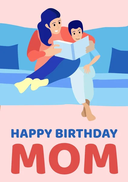 Composition of happy birthday mom text with mother and son icons. Birthday, celebration, motherhood and communication concept digitally generated image.