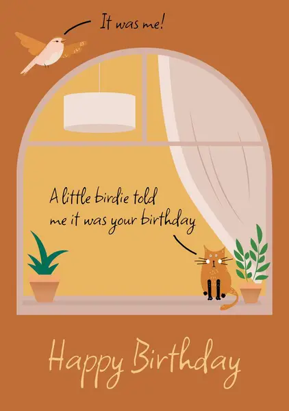 Composition of happy birthday text with cat and bird over window on orange background. Birthday, celebration and communication concept digitally generated image.