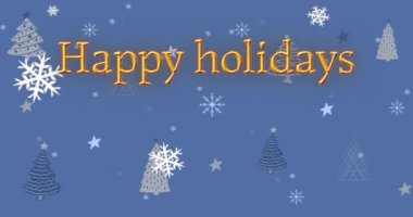 Mutlu bayramlar mesajı ve mavi arka planda düşen Noel ağaçlarının animasyonu. Noel, şenlik, kutlama ve gelenek konsepti dijital olarak oluşturuldu.