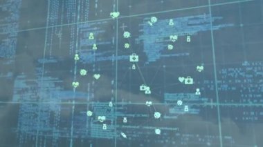 Bulutların üzerinde işlenen ve bağlantıları olan dünyanın animasyonu. Küresel finans, iş, bağlantılar, hesaplama ve veri işleme kavramı dijital olarak oluşturulmuş video.