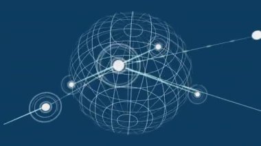 Mavi arkaplanda dönen beyaz kürenin ve bağlantı ağının animasyonu. Bağlantı, ortam, veri, dijital arayüz ve dijital olarak oluşturulan küresel iletişim.