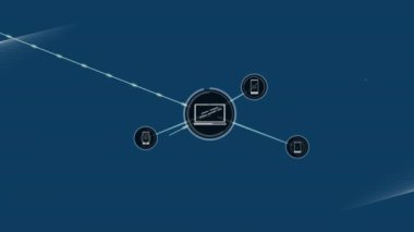 Mavi arka planda bilgisayar ve akıllı telefonların animasyonu. Bağlantı, ortam, veri, dijital arayüz ve dijital olarak oluşturulmuş görüntü.