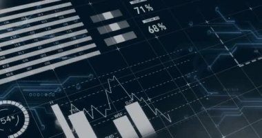 Siyah arkaplan üzerinden finansal veri işleme animasyonu. Küresel finans, iş, bağlantılar, hesaplama ve veri işleme kavramı dijital olarak oluşturulmuş video.