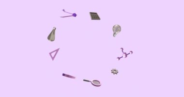 Mor arkaplanda kopya alanı ile hareket eden okul ögesi simgelerinin canlandırması. Dijital olarak üretilen eğitim, öğrenme ve bilgi konsepti.